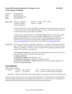 Chem 102 (General Chemistry I) Sections A & D Fall 2015 Course