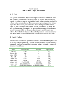 Metric System Units of Mass, Length, and Volume A. SI Units The
