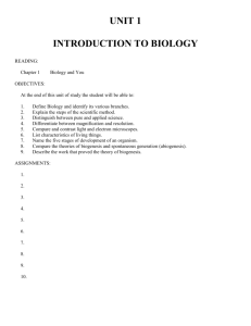 UNIT 1 INTRODUCTION TO BIOLOGY READING: Chapter 1 Biology