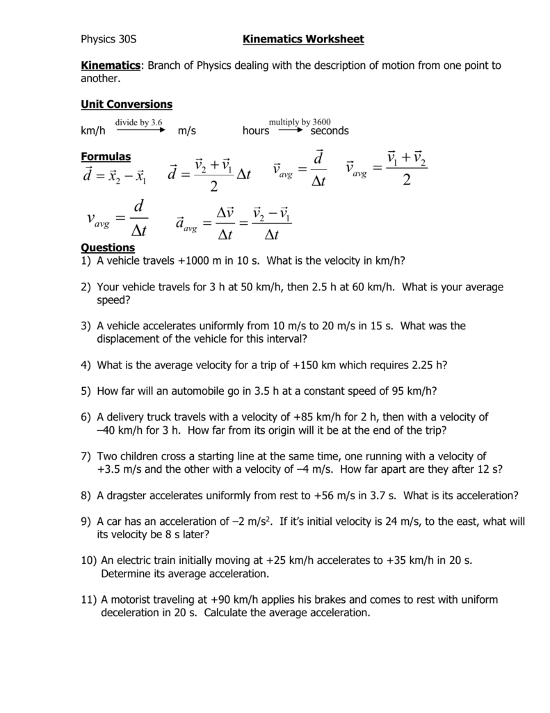Kinematics Practice Problems Worksheet With Answers Pdf