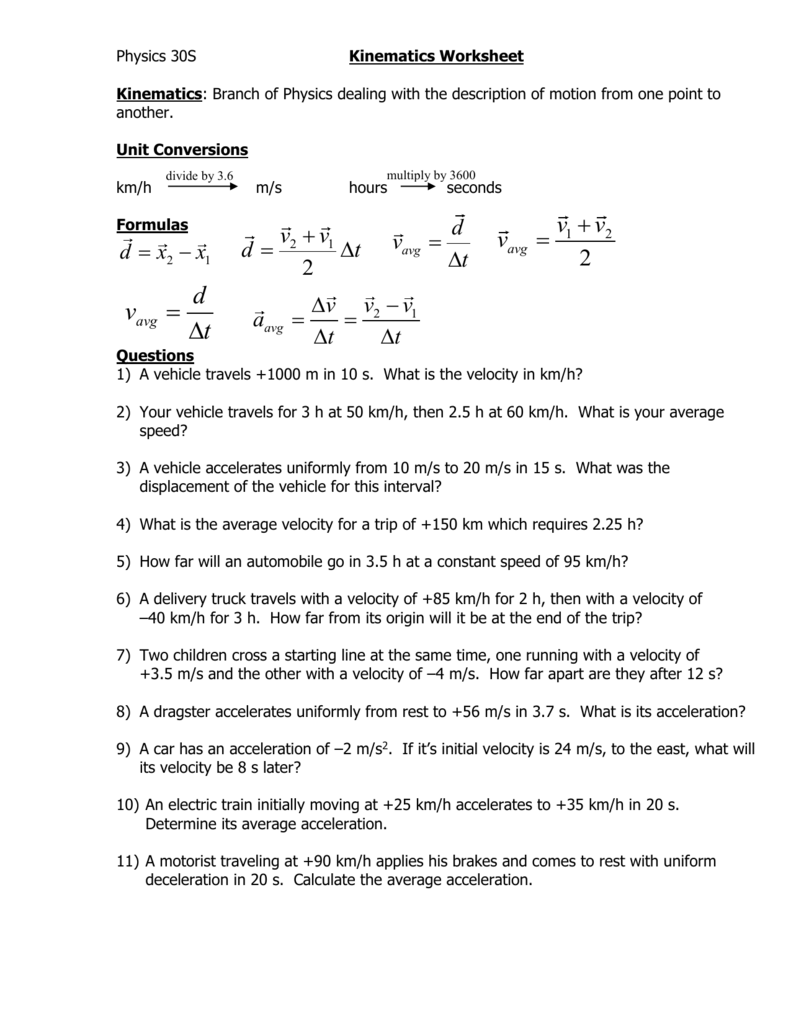 Kinematics Problems Worksheet With Answers