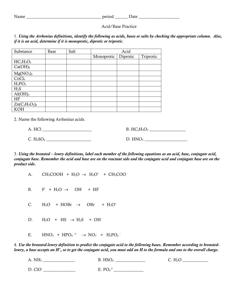 conjugate acids and bases practice problems Intended For Acid And Bases Worksheet Answers