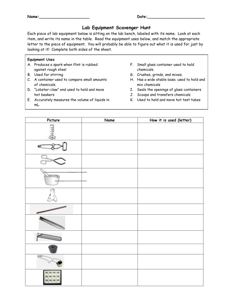 Chemistry Lab Equipment Worksheet
