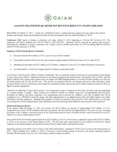 Gaiam's 2014 Fourth Quarter Net Revenue Rises 9.1% to $55.4 Million