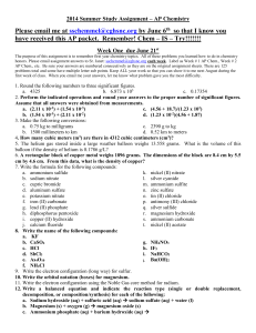2014 Summer Study Assignment – AP Chemistry