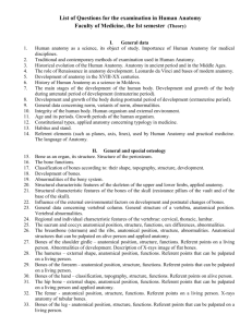 List of Questions for the examination in Human Anatomy Faculty of