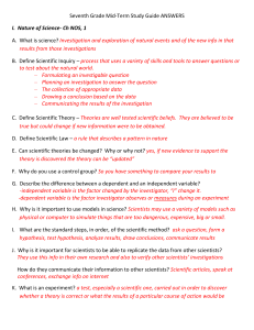Seventh Grade Mid-Term Study Guide ANSWERS I. Nature of