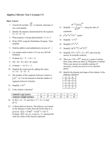 Algebra 2 Review Test 1 Lessons 1-5 - Milan C