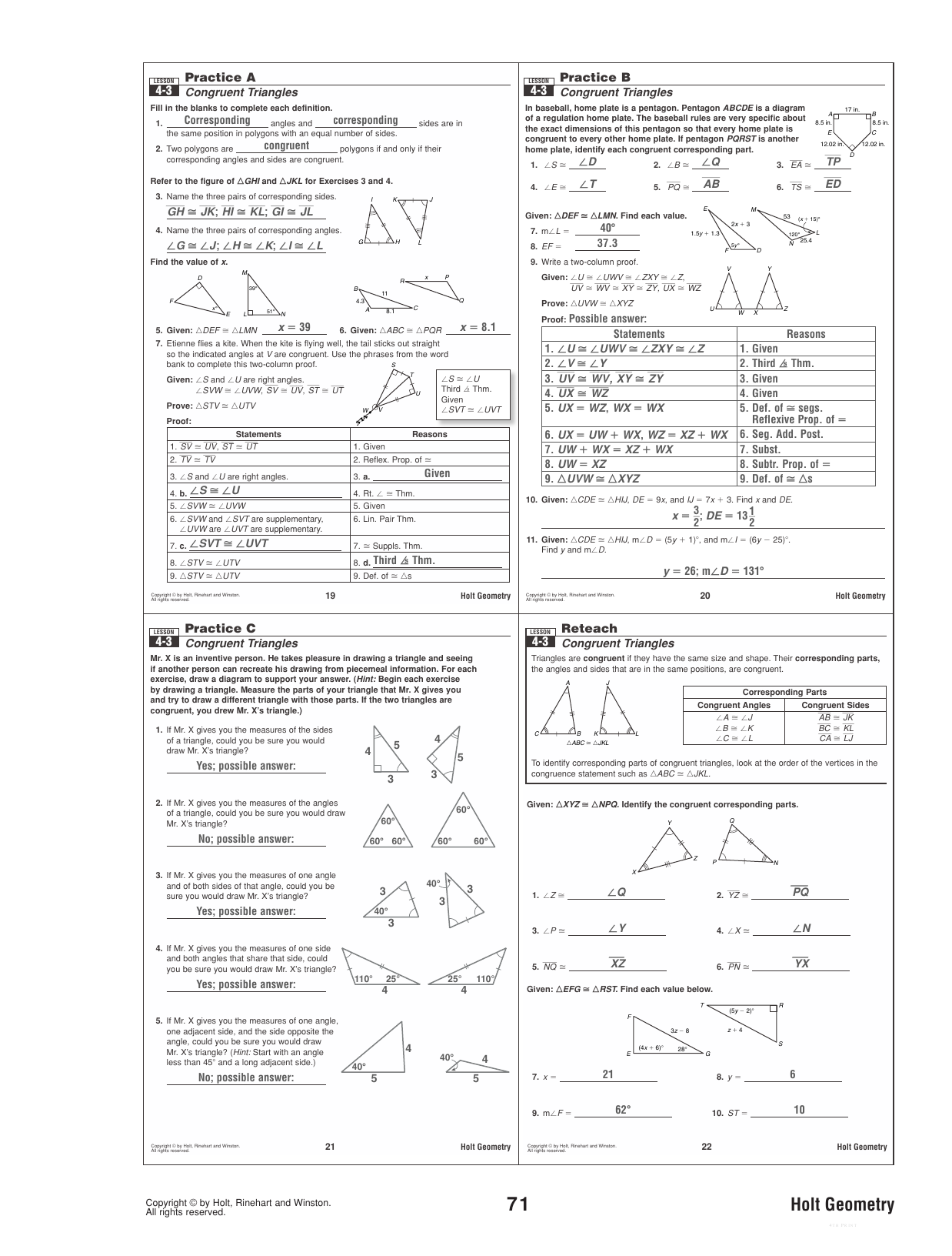 4 3 Practice Worksheet Congruent Triangles Answers  Breadandhearth