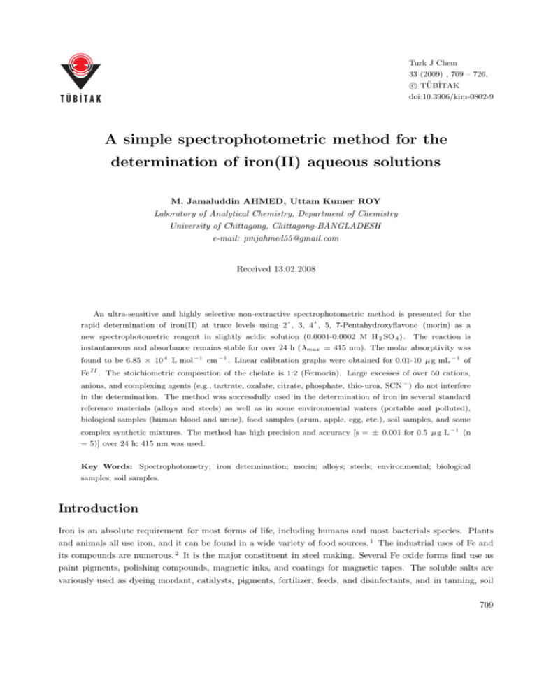 A Simple Spectrophotometric Method For The Determination Of Iron II