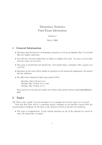 Elementary Statistics Final Exam Information