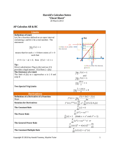 Harold's Calculus Notes “Cheat Sheet” AP Calculus AB & BC Limits