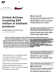 United Airlines investing $30 million in biofuels producer