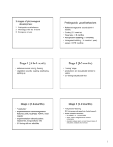 Prelinguistic vocal behaviors Stage 1 (birth-1 month) Stage 2 (2