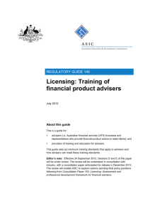 Regulatory Guide RG 146 Licensing: Training of financial product