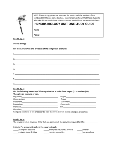 HONORS BIOLOGY UNIT ONE STUDY GUIDE