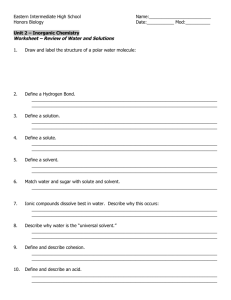Worksheet - Review of Water and Solutions