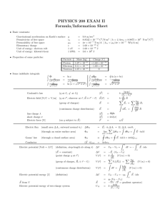 PHYSICS 208 EXAM II Formula/Information Sheet
