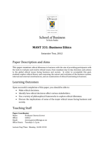 MANT 331: Business Ethics Paper Description and Aims Learning