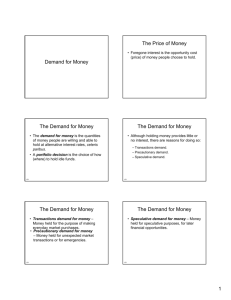 Demand for Money The Price of Money The Demand for Money The