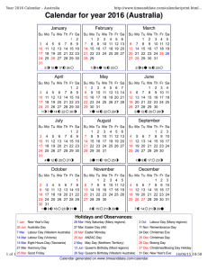 Calendar for year 2016 (Australia)
