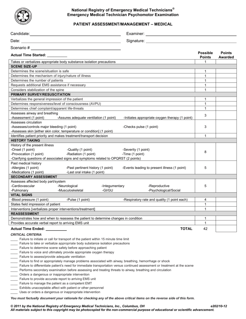 Emt Patient Assessment Skill Sheet Sheet