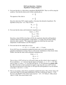 Old Exam Questions - Solutions Hypothesis Testing (Chapter 7) 1