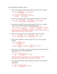 Chem 1020 Molarity worksheet, version 2 1. What is the molarity of a