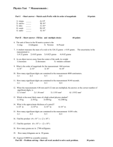 Physics Test * Measurements : Chapter 2 September 15, 1999
