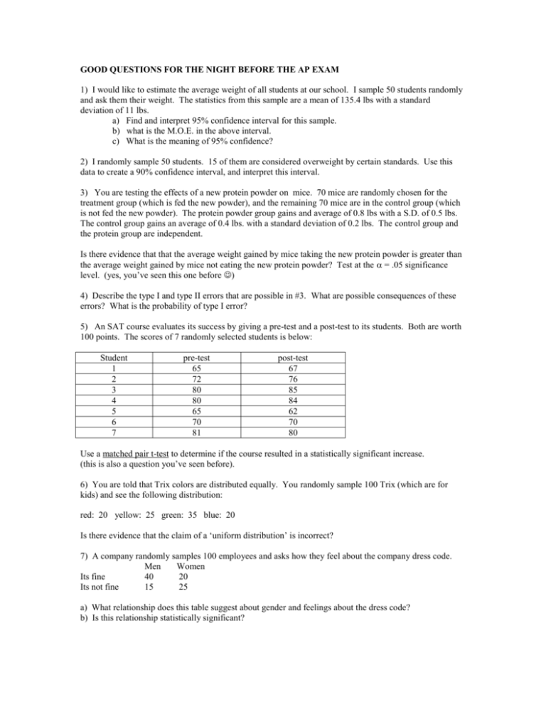 GOOD QUESTIONS FOR THE NIGHT BEFORE THE AP EXAM