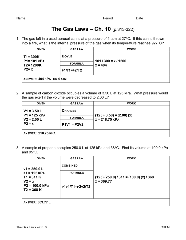 Gas Laws Packet 2 ANSWERS Gases Materials