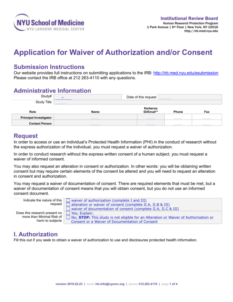 Application For Waiver Of Authorization And Or Consent