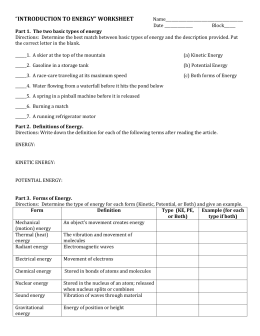 introduction to energy* worksheet