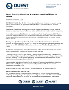 Quest Specialty Chemicals Announces New Chief Financial Officer