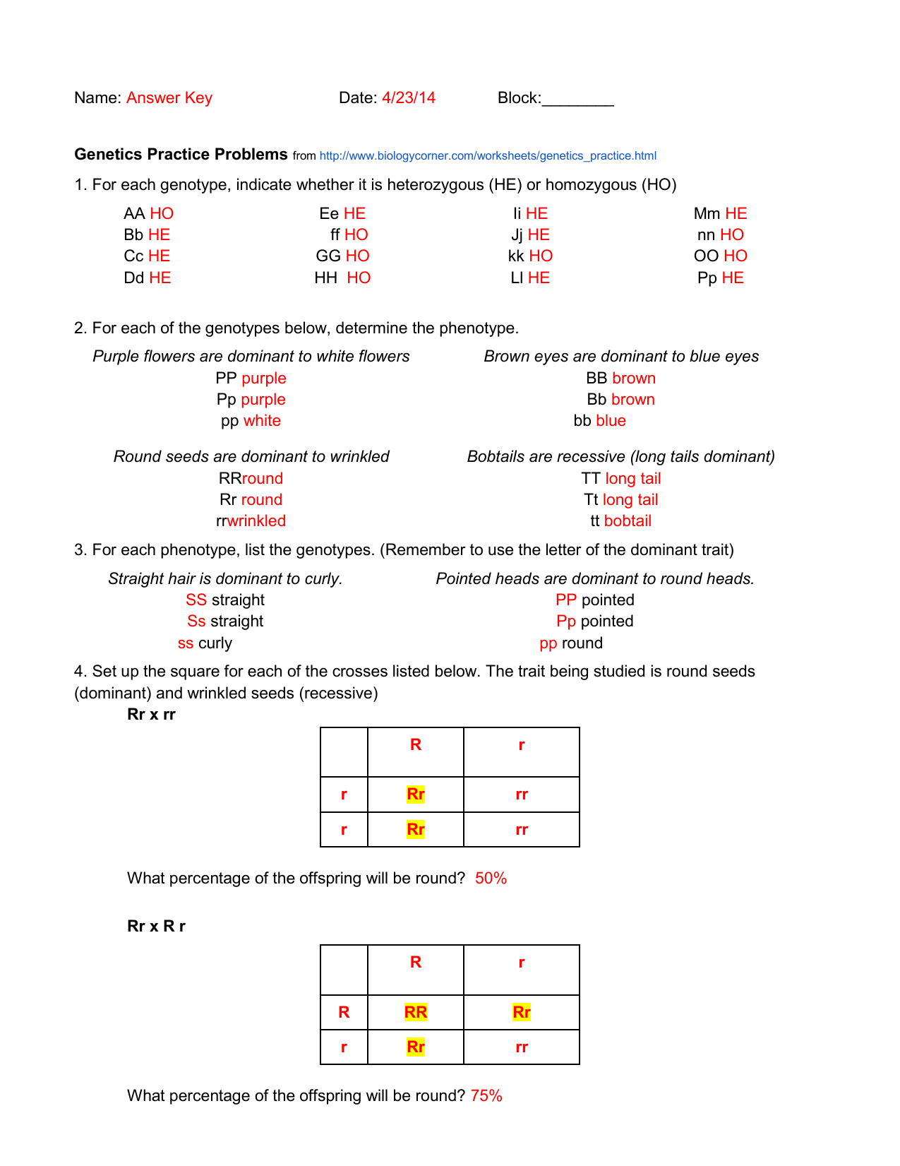 Introduction To Genetics Worksheet Answer Key