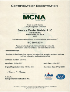 Service Center Metals ISO 9001 Certificate