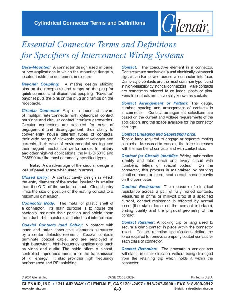 Cylindrical Connector Terms & Definitions | Glenair