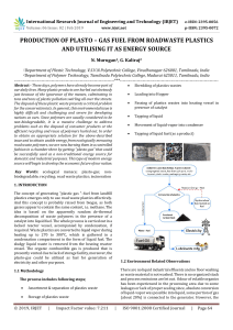 IRJET-Production of Plasto – Gas Fuel from Roadwaste Plastics and Utilising it as Energy Source