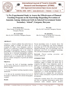 "A Pre Experimental Study to Assess the Effectiveness of Planned Teaching Program on the Knowledge Regarding Prevention of Anaemia Among Adolescent Girls in Selected Government Senior Secondary School"
