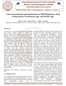 Lab scale production and optimization of PHB Biopolymer using orange peel by Pseudomonas spp. and Bacillus spp.