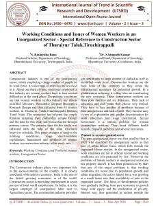 Working Conditions and Issues of Women Workers in an Unorganized Sector Special Reference to Construction Sector of Thuraiyur Taluk,Tiruchirappalli