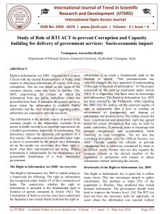 Study of Role of RTI ACT to prevent Corruption and Capacity building for delivery of government services Socio economic impact