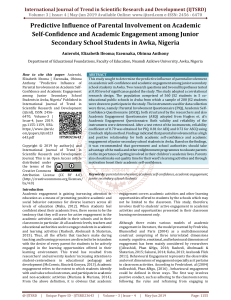 Predictive Influence of Parental Involvement on Academic Self-Confidence and Academic Engagement among Junior Secondary School Students in Awka, Nigeria