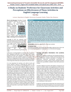 A Study on Students' Preference for Classroom Activities and Perceptions on Effectiveness of Those Activities in English Language Learning