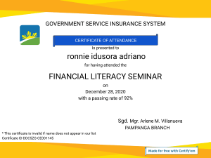 Certificate for ronnie idusora adriano for  FINANCIAL LITERACY SEMINAR 