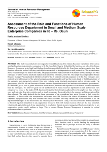 Assessment of the Role and Functions of Human Resources Department in Small and Medium Scale Enterprise Companies in Ile – Ife, Osun