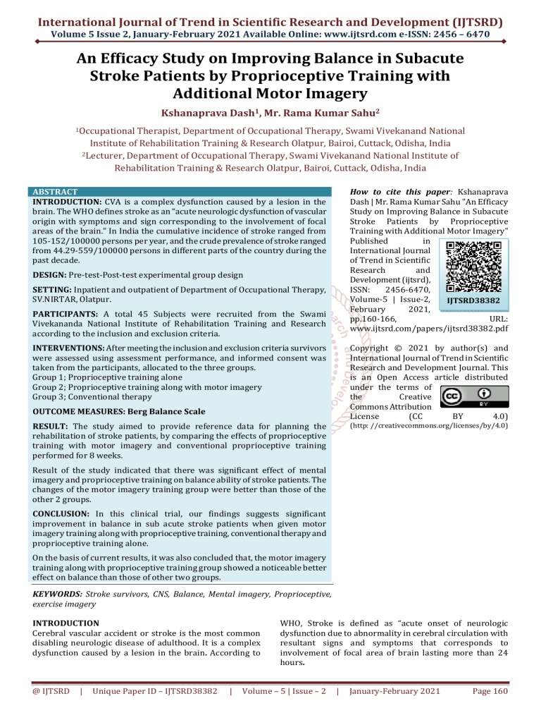 An Efficacy Study On Improving Balance In Subacute Stroke Patients By