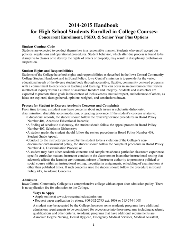 Handbook for H.S. Students Iowa Central Community College