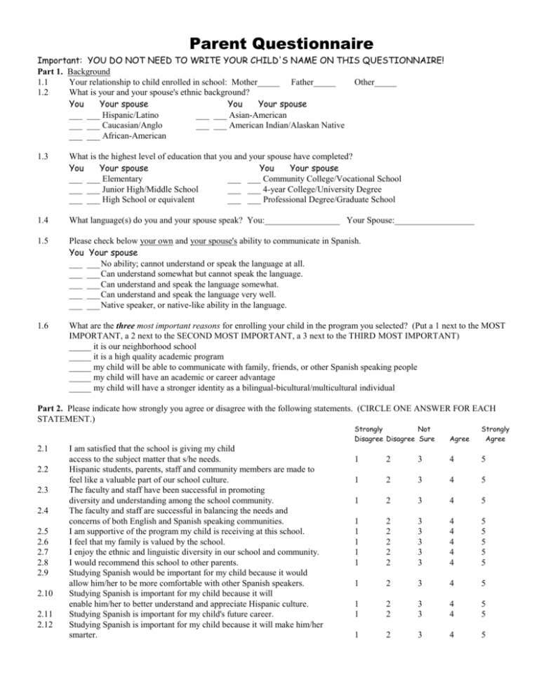 Parent Questionnaire -- Grades 5-6