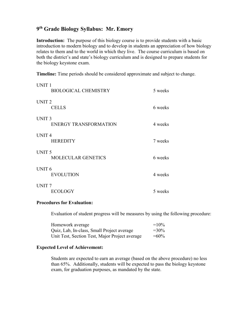 9th Grade Biology Syllabus Mr